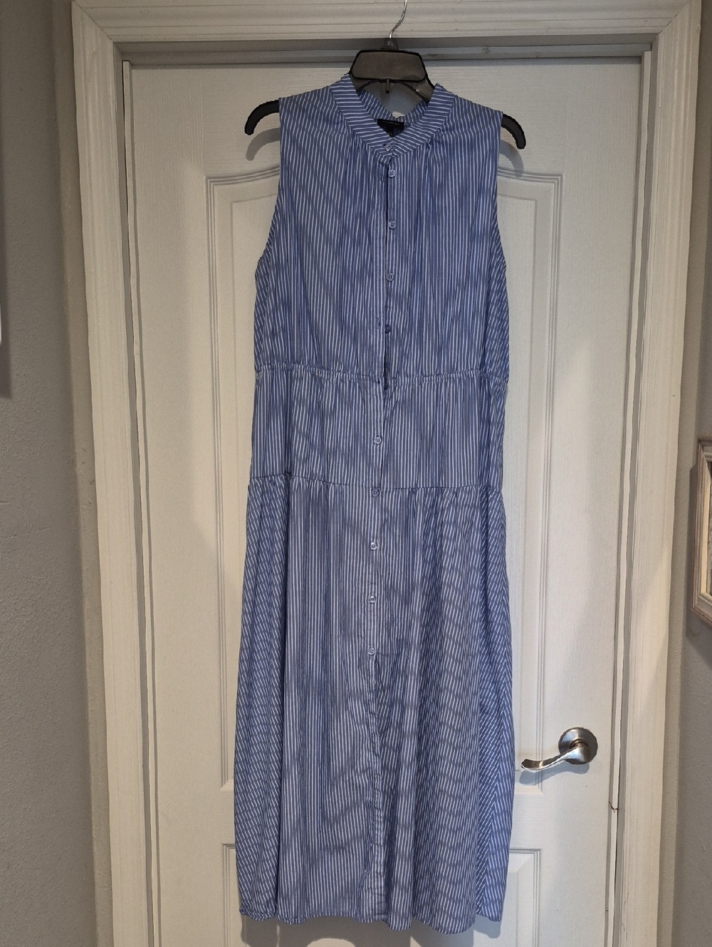 Who What Wear Blue and White Striped Sleeveless Midi Dress